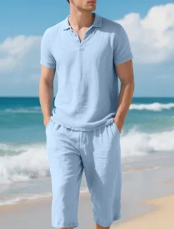 OUKU Men's Polo Shirts Golf Shirt Outdoor Daily Wear Lapel Short Sleeve Fashion Hawaiian Plain 2 Piece Summer Regular Fit Black White Navy Blue Khaki Army Green Light Sky Blue Polo Shirts