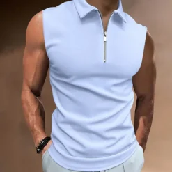 Hot OUKU Men's Polo Shirts Golf Shirt Casual Holiday Lapel Quarter Zip Sleeveless Fashion Basic Plain Quarter Zip Summer Regular Fit White Dark Navy Blue Sky Blue Dark Green Brown Polo Shirts