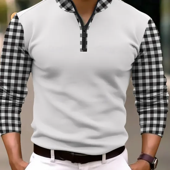 OUKU Men's Polo Shirts Quarter Zip Polo Vacation Work Lapel Long Sleeve Fashion Comfortable Color Block Plaid / Check Zip Up Spring & Fall Regular Fit Black Orange Polo Shirts