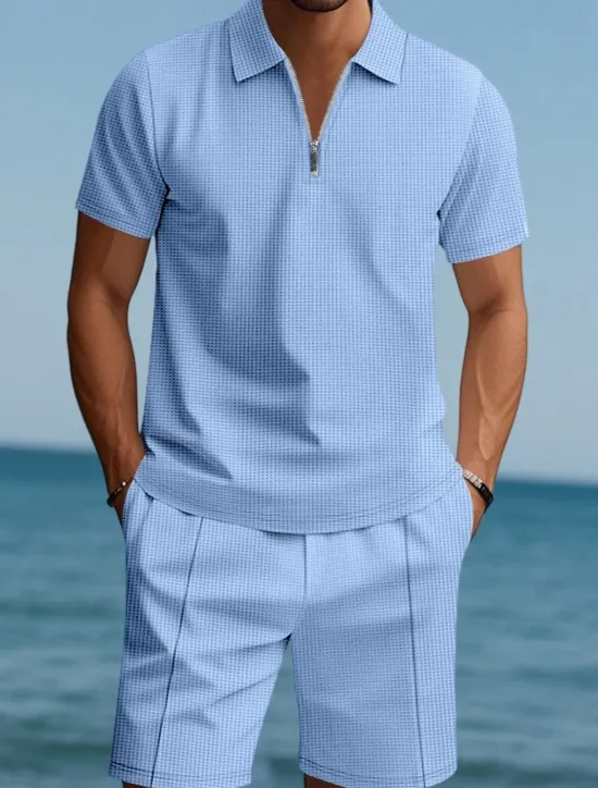 Hot OUKU Men's Polo Shirts Quarter Zip Polo Outdoor Daily Wear Lapel Short Sleeve Fashion Hawaiian Plain 2 Piece Summer Regular Fit Black White Navy Blue Royal Blue Green Khaki Polo Shirts