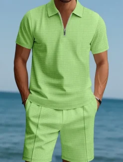Hot OUKU Men's Polo Shirts Quarter Zip Polo Outdoor Daily Wear Lapel Short Sleeve Fashion Hawaiian Plain 2 Piece Summer Regular Fit Black White Navy Blue Royal Blue Green Khaki Polo Shirts