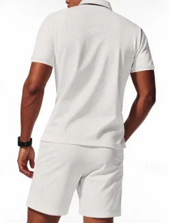Hot OUKU Men's Polo Shirts Quarter Zip Polo Outdoor Daily Wear Lapel Short Sleeve Fashion Hawaiian Plain 2 Piece Summer Regular Fit Black White Navy Blue Royal Blue Green Khaki Polo Shirts