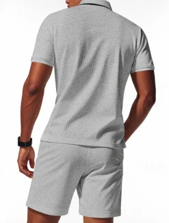 Hot OUKU Men's Polo Shirts Quarter Zip Polo Outdoor Daily Wear Lapel Short Sleeve Fashion Hawaiian Plain 2 Piece Summer Regular Fit Black White Navy Blue Royal Blue Green Khaki Polo Shirts