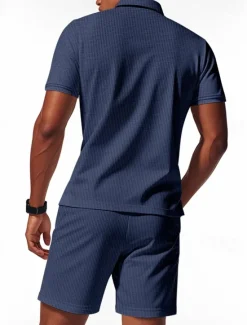 Hot OUKU Men's Polo Shirts Quarter Zip Polo Outdoor Daily Wear Lapel Short Sleeve Fashion Hawaiian Plain 2 Piece Summer Regular Fit Black White Navy Blue Royal Blue Green Khaki Polo Shirts
