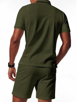 Hot OUKU Men's Polo Shirts Quarter Zip Polo Outdoor Daily Wear Lapel Short Sleeve Fashion Hawaiian Plain 2 Piece Summer Regular Fit Black White Navy Blue Royal Blue Green Khaki Polo Shirts