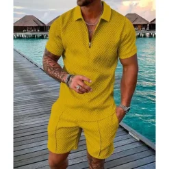 OUKU Men's Polo Shirts Set Going out golf shirts Quarter Zip Short Sleeve Streetwear Sportswear Waves Textured Zipper Spring & Summer Slim Black Yellow Pink Red Navy Blue Blue Polo Shirts