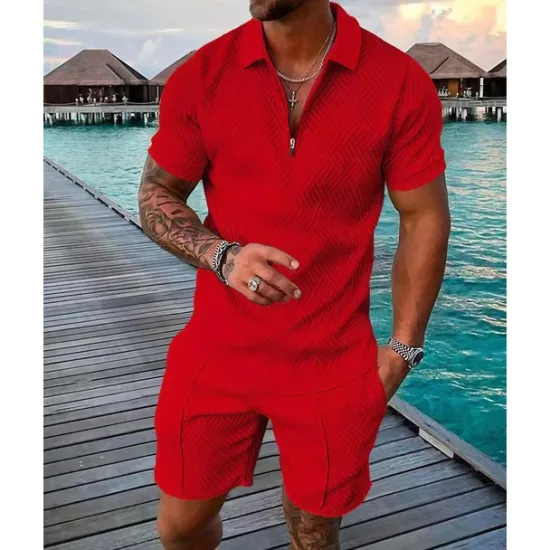 OUKU Men's Polo Shirts Set Going out golf shirts Quarter Zip Short Sleeve Streetwear Sportswear Waves Textured Zipper Spring & Summer Slim Black Yellow Pink Red Navy Blue Blue Polo Shirts