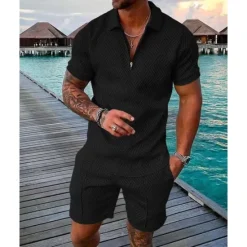 OUKU Men's Polo Shirts Set Going out golf shirts Quarter Zip Short Sleeve Streetwear Sportswear Waves Textured Zipper Spring & Summer Slim Black Yellow Pink Red Navy Blue Blue Polo Shirts