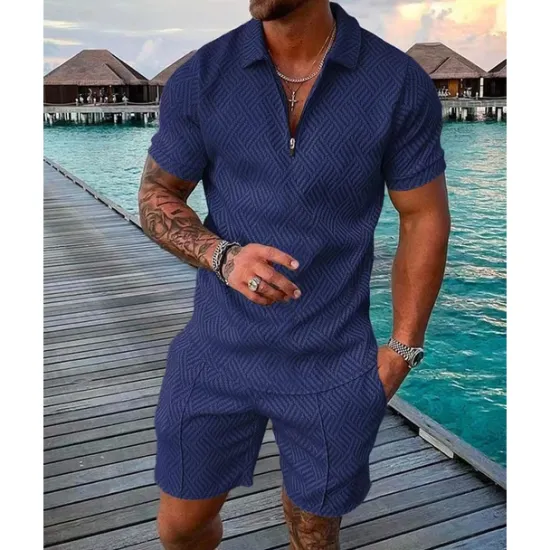 OUKU Men's Polo Shirts Set Going out golf shirts Quarter Zip Short Sleeve Streetwear Sportswear Waves Textured Zipper Spring & Summer Slim Black Yellow Pink Red Navy Blue Blue Polo Shirts