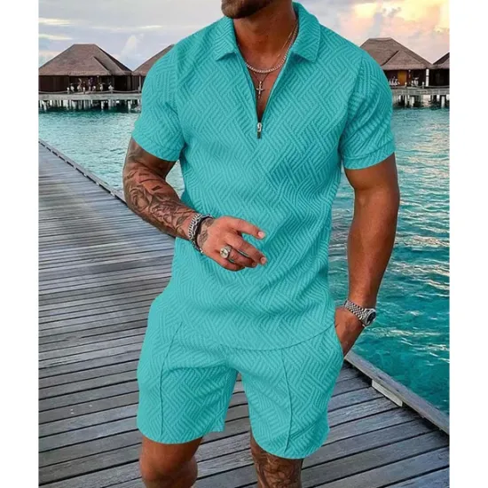 OUKU Men's Polo Shirts Set Going out golf shirts Quarter Zip Short Sleeve Streetwear Sportswear Waves Textured Zipper Spring & Summer Slim Black Yellow Pink Red Navy Blue Blue Polo Shirts