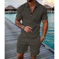 OUKU Men's Polo Shirts Set Going out golf shirts Quarter Zip Short Sleeve Streetwear Sportswear Waves Textured Zipper Spring & Summer Slim Black Yellow Pink Red Navy Blue Blue Polo Shirts