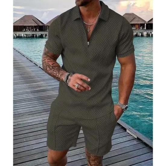OUKU Men's Polo Shirts Set Going out golf shirts Quarter Zip Short Sleeve Streetwear Sportswear Waves Textured Zipper Spring & Summer Slim Black Yellow Pink Red Navy Blue Blue Polo Shirts