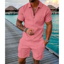 OUKU Men's Polo Shirts Set Going out golf shirts Quarter Zip Short Sleeve Streetwear Sportswear Waves Textured Zipper Spring & Summer Slim Black Yellow Pink Red Navy Blue Blue Polo Shirts