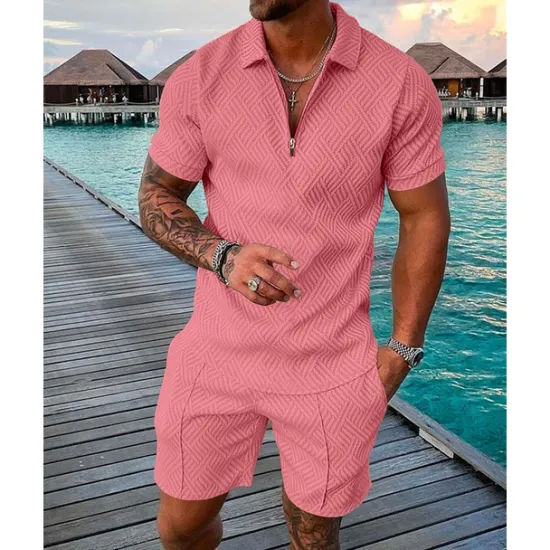 OUKU Men's Polo Shirts Set Going out golf shirts Quarter Zip Short Sleeve Streetwear Sportswear Waves Textured Zipper Spring & Summer Slim Black Yellow Pink Red Navy Blue Blue Polo Shirts