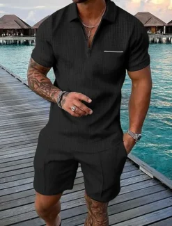 Sale OUKU Men's Polo Shirts Zip Polo Outdoor Daily Wear Lapel Short Sleeve Fashion Hawaiian Plain Pocket 2 Piece Summer Regular Fit Black Brown Apricot Gray Polo Shirts