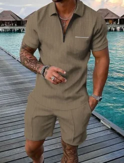 Sale OUKU Men's Polo Shirts Zip Polo Outdoor Daily Wear Lapel Short Sleeve Fashion Hawaiian Plain Pocket 2 Piece Summer Regular Fit Black Brown Apricot Gray Polo Shirts