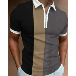 Hot OUKU Men's Polo Shirts Zip Polo Vacation Casual Turndown Quarter Zip Short Sleeve Fashion Casual Color Block Zipper Print Summer Spring Regular Fit Blue Brown Gray Polo Shirts