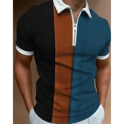 Hot OUKU Men's Polo Shirts Zip Polo Vacation Casual Turndown Quarter Zip Short Sleeve Fashion Casual Color Block Zipper Print Summer Spring Regular Fit Blue Brown Gray Polo Shirts