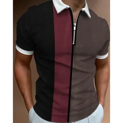 Hot OUKU Men's Polo Shirts Zip Polo Vacation Casual Turndown Quarter Zip Short Sleeve Fashion Casual Color Block Zipper Print Summer Spring Regular Fit Blue Brown Gray Polo Shirts
