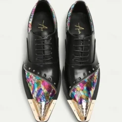 Online OUKU Men's Premium Leather Dress Shoes with Gold Tip Multicolor Snake-Pattern and Studded Detail–Stylish Formal Footwear for Special Occasions Black