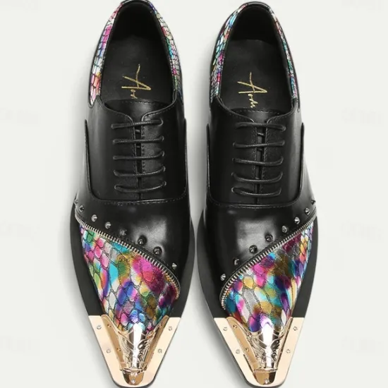Online OUKU Men's Premium Leather Dress Shoes with Gold Tip Multicolor Snake-Pattern and Studded Detail–Stylish Formal Footwear for Special Occasions Black