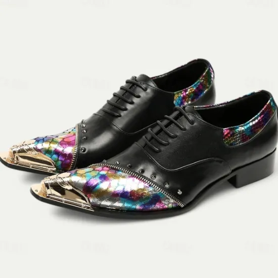 Online OUKU Men's Premium Leather Dress Shoes with Gold Tip Multicolor Snake-Pattern and Studded Detail–Stylish Formal Footwear for Special Occasions Black