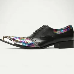 Online OUKU Men's Premium Leather Dress Shoes with Gold Tip Multicolor Snake-Pattern and Studded Detail–Stylish Formal Footwear for Special Occasions Black