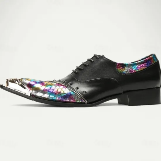 Online OUKU Men's Premium Leather Dress Shoes with Gold Tip Multicolor Snake-Pattern and Studded Detail–Stylish Formal Footwear for Special Occasions Black