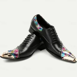 Online OUKU Men's Premium Leather Dress Shoes with Gold Tip Multicolor Snake-Pattern and Studded Detail–Stylish Formal Footwear for Special Occasions Black