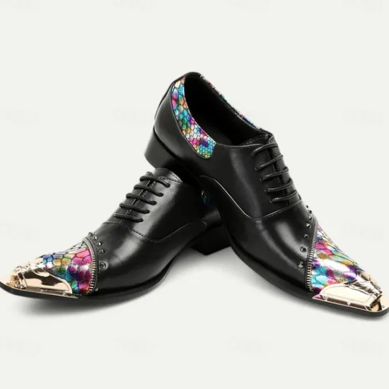 Online OUKU Men's Premium Leather Dress Shoes with Gold Tip Multicolor Snake-Pattern and Studded Detail–Stylish Formal Footwear for Special Occasions Black
