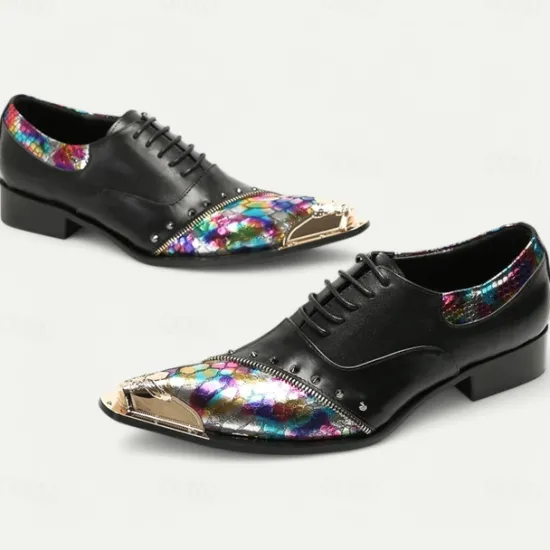 Online OUKU Men's Premium Leather Dress Shoes with Gold Tip Multicolor Snake-Pattern and Studded Detail–Stylish Formal Footwear for Special Occasions Black