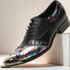 Online OUKU Men's Premium Leather Dress Shoes with Gold Tip Multicolor Snake-Pattern and Studded Detail–Stylish Formal Footwear for Special Occasions Black
