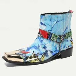 Clearance OUKU Men's Premium Cowhide Leather Ankle Boots – Colorful Snake Print and Metallic Toe Western Style Motorcycle Boots Blue