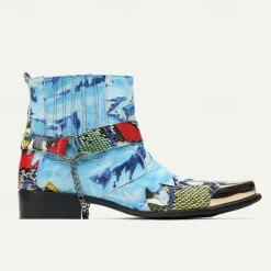Clearance OUKU Men's Premium Cowhide Leather Ankle Boots – Colorful Snake Print and Metallic Toe Western Style Motorcycle Boots Blue