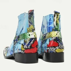 Clearance OUKU Men's Premium Cowhide Leather Ankle Boots – Colorful Snake Print and Metallic Toe Western Style Motorcycle Boots Blue