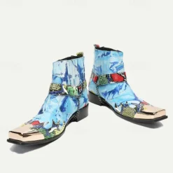 Clearance OUKU Men's Premium Cowhide Leather Ankle Boots – Colorful Snake Print and Metallic Toe Western Style Motorcycle Boots Blue
