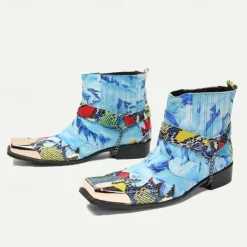 Clearance OUKU Men's Premium Cowhide Leather Ankle Boots – Colorful Snake Print and Metallic Toe Western Style Motorcycle Boots Blue
