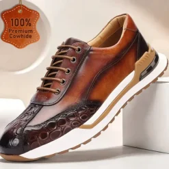 Clearance OUKU Men's Premium Cowhide Leather Sneakers with Crocodile Texture and Lace-Up Design – Casual Athletic Shoes for Everyday Wear