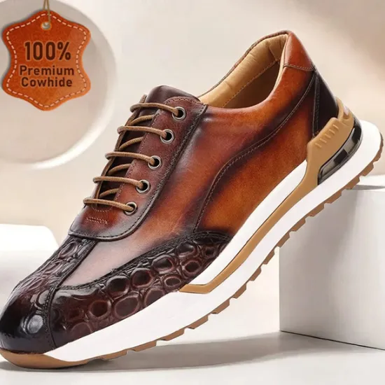 Clearance OUKU Men's Premium Cowhide Leather Sneakers with Crocodile Texture and Lace-Up Design – Casual Athletic Shoes for Everyday Wear