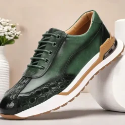 Clearance OUKU Men's Premium Cowhide Leather Sneakers with Crocodile Texture and Lace-Up Design – Casual Athletic Shoes for Everyday Wear
