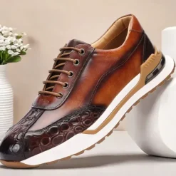 Clearance OUKU Men's Premium Cowhide Leather Sneakers with Crocodile Texture and Lace-Up Design – Casual Athletic Shoes for Everyday Wear