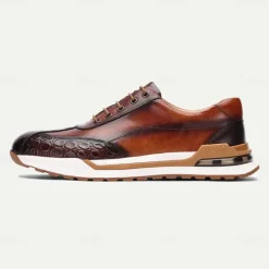 Clearance OUKU Men's Premium Cowhide Leather Sneakers with Crocodile Texture and Lace-Up Design – Casual Athletic Shoes for Everyday Wear