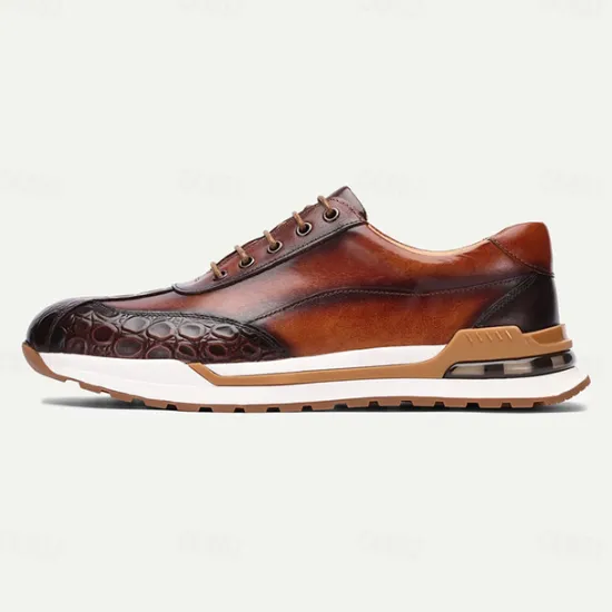 Clearance OUKU Men's Premium Cowhide Leather Sneakers with Crocodile Texture and Lace-Up Design – Casual Athletic Shoes for Everyday Wear