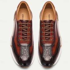 Clearance OUKU Men's Premium Cowhide Leather Sneakers with Crocodile Texture and Lace-Up Design – Casual Athletic Shoes for Everyday Wear