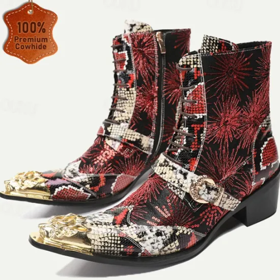 New OUKU Men's Premium Cowhide Leather Lace-Up Motorcycle Boots with Gold Tip Dragon Buckle, Snakeskin and Sequin Pattern–Bold Western Style for Biker Events and Cosplay Dark Red