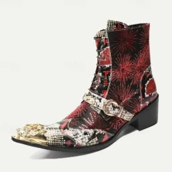 New OUKU Men's Premium Cowhide Leather Lace-Up Motorcycle Boots with Gold Tip Dragon Buckle, Snakeskin and Sequin Pattern–Bold Western Style for Biker Events and Cosplay Dark Red
