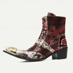 New OUKU Men's Premium Cowhide Leather Lace-Up Motorcycle Boots with Gold Tip Dragon Buckle, Snakeskin and Sequin Pattern–Bold Western Style for Biker Events and Cosplay Dark Red