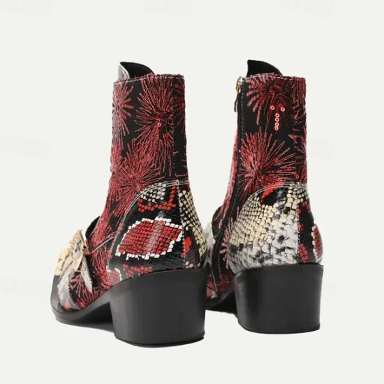 New OUKU Men's Premium Cowhide Leather Lace-Up Motorcycle Boots with Gold Tip Dragon Buckle, Snakeskin and Sequin Pattern–Bold Western Style for Biker Events and Cosplay Dark Red