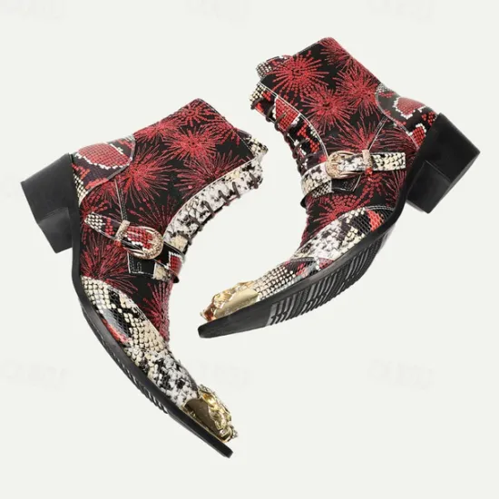 New OUKU Men's Premium Cowhide Leather Lace-Up Motorcycle Boots with Gold Tip Dragon Buckle, Snakeskin and Sequin Pattern–Bold Western Style for Biker Events and Cosplay Dark Red