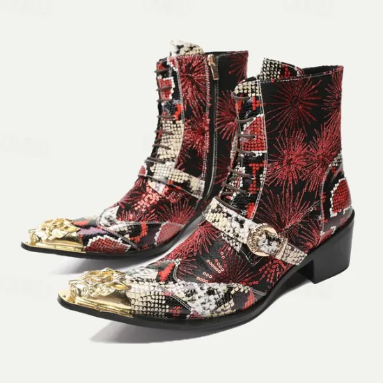 New OUKU Men's Premium Cowhide Leather Lace-Up Motorcycle Boots with Gold Tip Dragon Buckle, Snakeskin and Sequin Pattern–Bold Western Style for Biker Events and Cosplay Dark Red